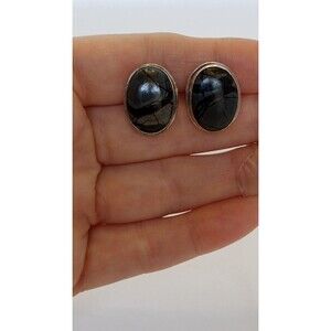 Large 925 Sterling Silver Oval Picasso Jasper Cabachan Stud Earrings 9 grams